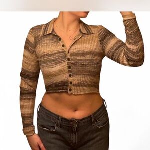 Women's Brown Button-Up Ribbed Top